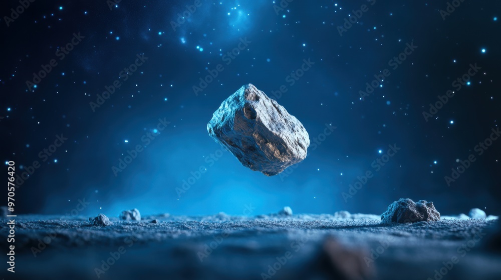 Obraz premium A giant, crystalline asteroid floats through the void of space, its surface shimmering with iridescent light, reflecting the beauty of the cosmos.