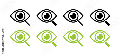 Eye set icons. Magnifying glass icons. Flat and linear style. Vector icons.