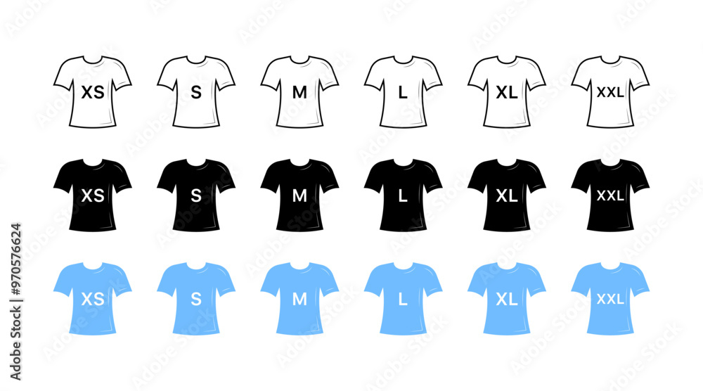 T-shirt size set icons. Linear, silhouette and flat style. Vector icons. T-shirt size set icons. Linear, silhouette and flat style. Vector icons.