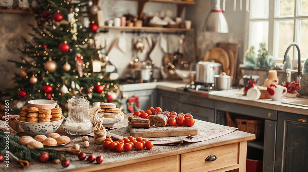 Rustic kitchen counter is filled with delicious christmas cookies pastries and ingredients, showcasing the warmth and joy of holiday baking. The decorated christmas tree adds a festive new year touch Rustic kitchen counter is filled with delicious christmas cookies pastries and ingredients, showcasing the warmth and joy of holiday baking. The decorated christmas tree adds a festive new year touch