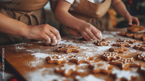 Children are decorating a gingerbread cookie on christmas eve, surrounded by freshly baked christmas cookies and winter ingredients