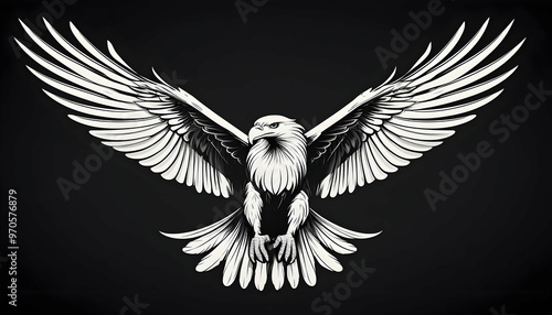 A striking white eagle silhouette, soaring in the air with wide, powerful wings against a sleek black background. The minimalist design is elegant and bold