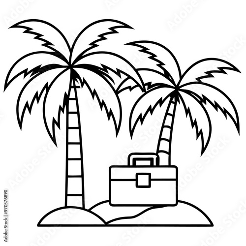 palm trees and chest outline coloring book page line art drawing
