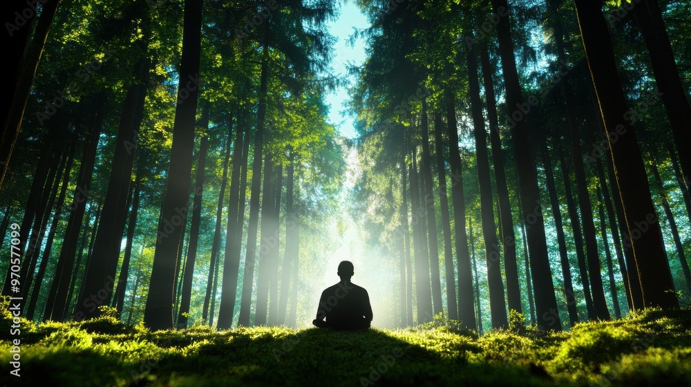 Φωτογραφία A peaceful scene of a person sitting alone in a forest, surrounded by tall trees and hushed silence, promoting contemplation