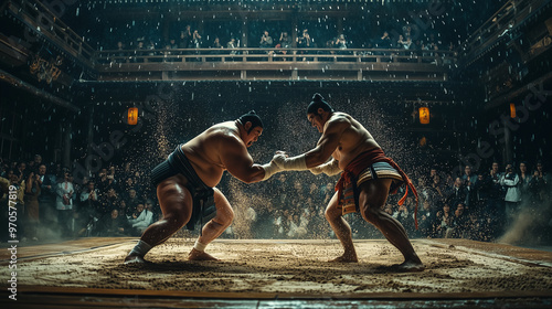 A sumo wrestler charging at his opponent in a traditional ring