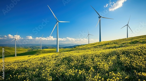 Wind turbines spinning in a clean energy field, contributing to renewable power solutions through sustainable technology.