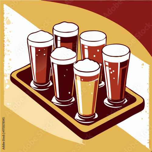 A tray with six various beer glasses featuring different types of beer vector illustration