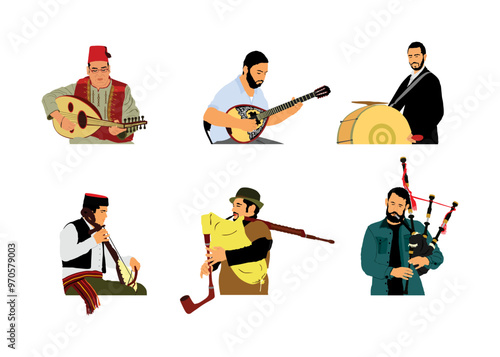 Bouzouki player and oud lute mandola and Drummer. Guslar play gusle. Bagpipe bagpipers man vector illustration isolated. Traditional music instrument. Balkan singer musician players. Folklore artist.