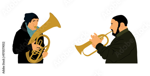 Musician player boy tenor horn duet vs trumpet man vector illustration isolated. Music duo artist men play wind instrument. Jazz man saxhorn. Bugler performer. Male trumpeter. Classic music blow event