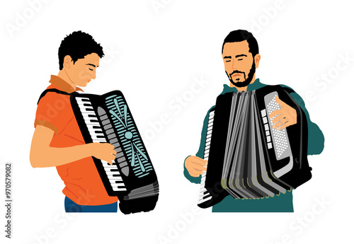 Musician accordion man duo vector Illustration isolated white. Boy music artist event street entertainment. Performer amusement public. Jazz man. Accordionist male music instrument harmonica player. 