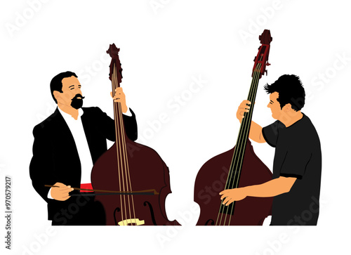 Tandem man playing contrabass duet vector illustration isolated. Music men with contra bass duo concert event. Double bass performer amusement entertainment. Classic musician with string instrument.