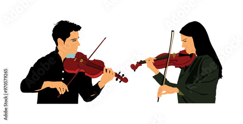 Tandem woman and man violin duet playing vector illustration isolated. Classic music lady and boy duo performer concert. Musician artist amusement public. Girl violin virtuoso violinist entertainment.