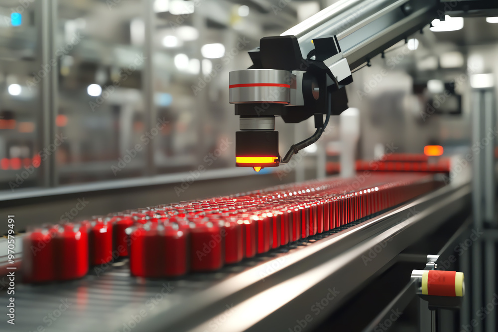 Automated robotic arm meticulously inspecting red bottles on a high-speed production line in a modern manufacturing facility. Automated robotic arm meticulously inspecting red bottles on a high-speed production line in a modern manufacturing facility.