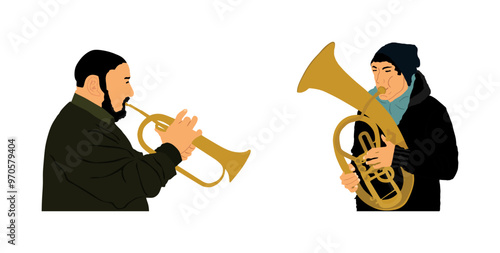 Musician player boy tenor horn duet vs trumpet man vector illustration isolated. Music duo artist men play wind instrument. Jazz man saxhorn. Bugler performer. Male trumpeter. Classic music blow event