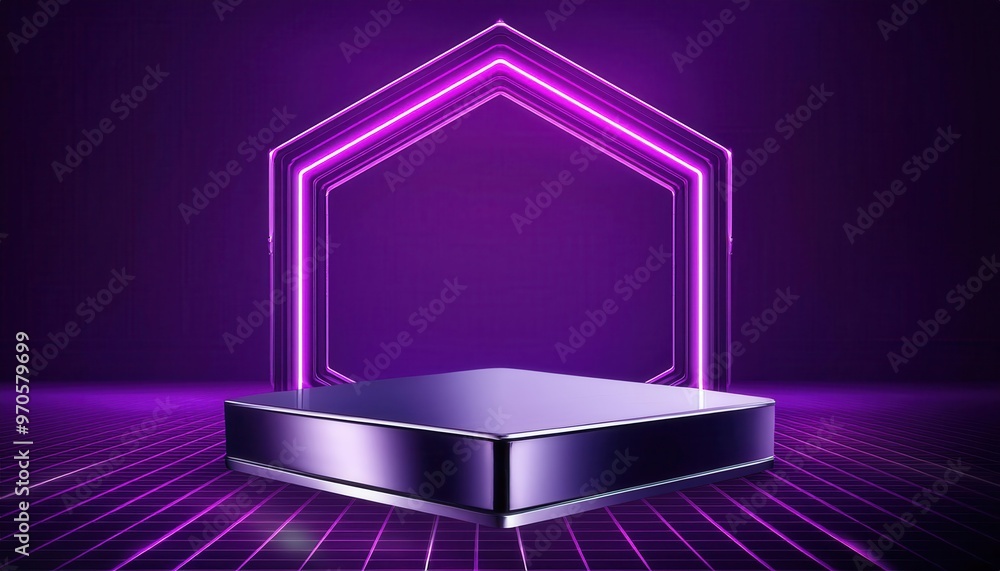 Futuristic Neon Podium for Product Presentation Concept in a Purple Grid Room. Glowing Pink Hexagonal Light Arches Illuminate a Sleek Metallic Platform in a High-Tech, Sci-Fi Environment Futuristic Neon Podium for Product Presentation Concept in a Purple Grid Room. Glowing Pink Hexagonal Light Arches Illuminate a Sleek Metallic Platform in a High-Tech, Sci-Fi Environment