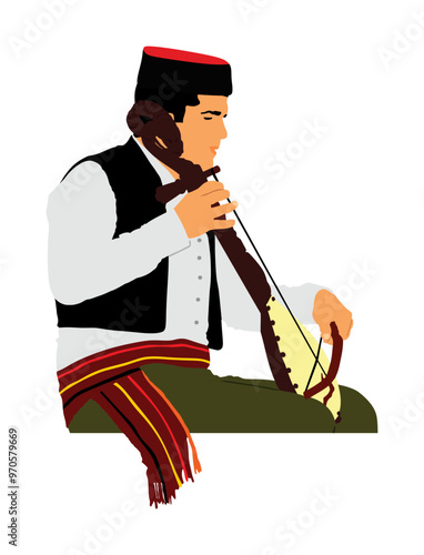 Boy guslar play gusle vector illustration isolated. Traditional music instrument from Montenegro and Serbia. Balkan musician player and singer. Folklore artist man event amusement entertainment. 