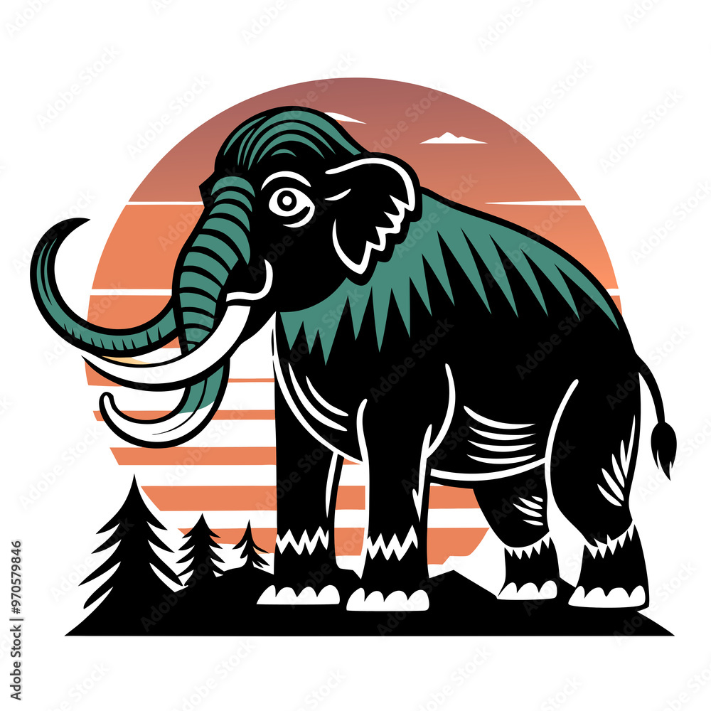 Fototapeta premium Prehistoric woolly mammoth silhouette at sunset in circular design for t-shirt print