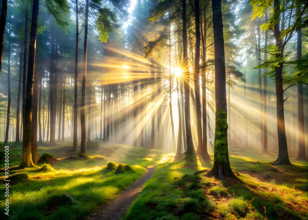 Fototapeta premium Golden Rays of Hope: A magical forest path illuminated by the warm glow of sunrise, casting long shadows and a sense of tranquility. The sunbeams pierce through the dense foliage, creating a breathtak