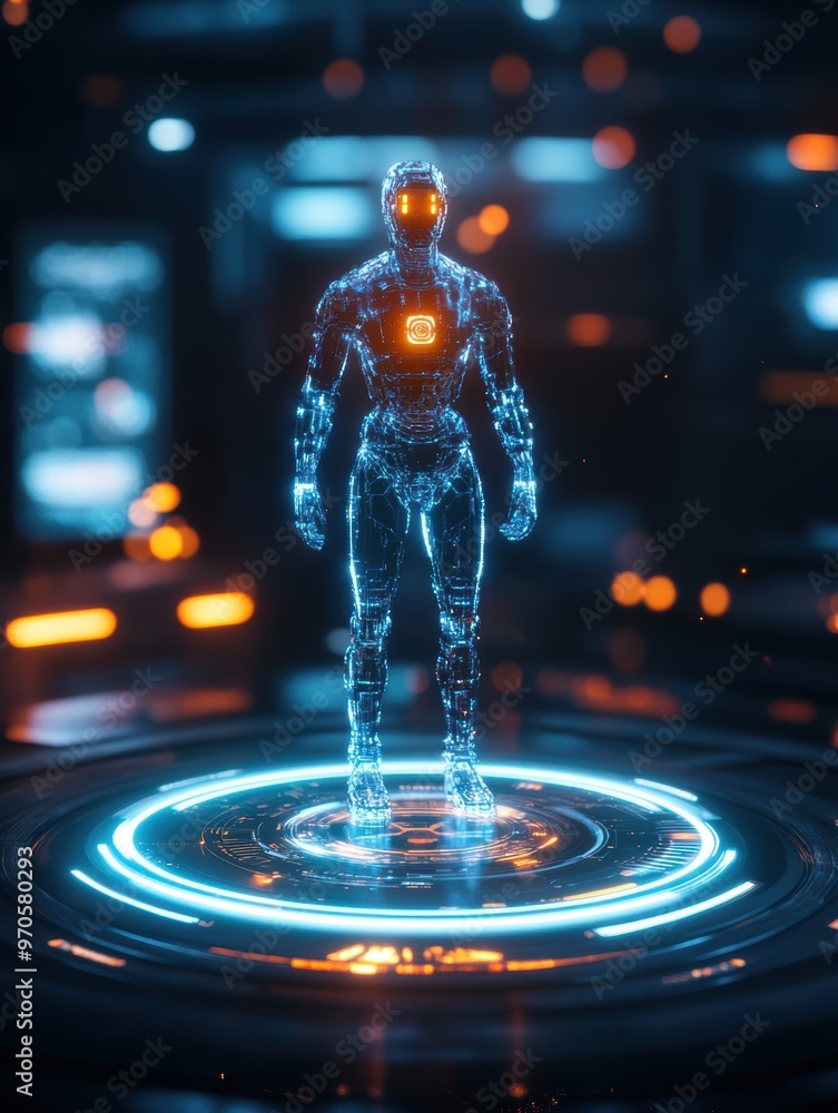 Fototapeta premium A hologram of a robot standing on a futuristic desk, featuring glowing light and intricate details.