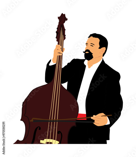 Man playing contrabass vector illustration isolated. Music man with contra bass standing on concert event stage. Double bass performer amusement entertainment. Classic musician with string instrument.