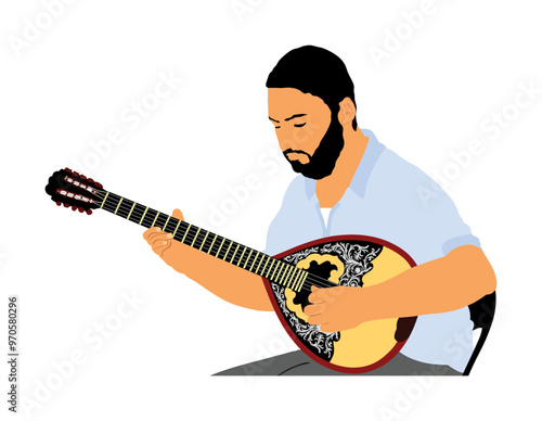 Bouzouki player vector illustration isolated. Street performer. Greek traditional string instrument. Folklore music. Greece folk event. Baglama, zurna. Turkish oriental performer. Musician man artist.