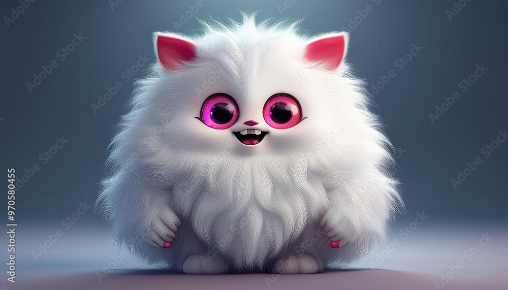 Adorable Fluffy White Creature Furry with Big Red Eyes, Pink Cheeks, and Playful Expression Standing Against a Gray Background. Cute Fantasy Character with Soft Fur and Colorful Details in 3D Style Adorable Fluffy White Creature Furry with Big Red Eyes, Pink Cheeks, and Playful Expression Standing Against a Gray Background. Cute Fantasy Character with Soft Fur and Colorful Details in 3D Style