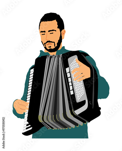 Musician accordion man vector Illustration isolated on white. Boy music artist event street entertainment. Performer amusement public. Jazz man. Accordionist male music instrument harmonica player. 