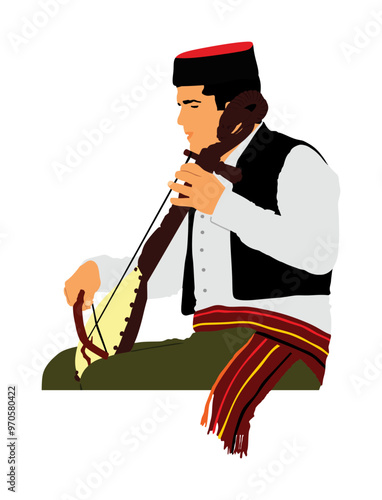 Boy guslar play gusle vector illustration isolated. Traditional music instrument from Montenegro and Serbia. Balkan musician player and singer. Folklore artist man event amusement entertainment. 
