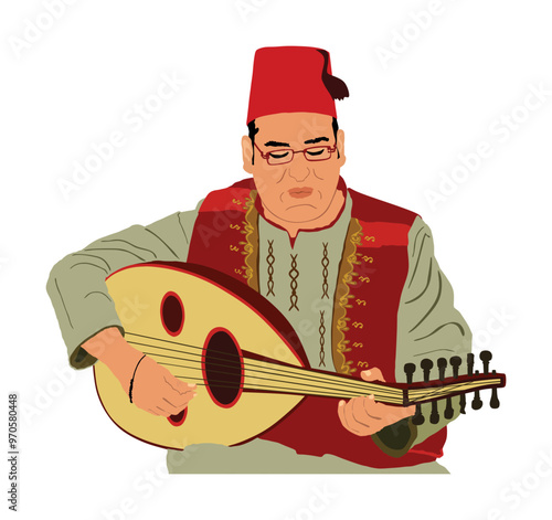 Arab man play oud, lute or mandola vector illustration isolated traditional music instrument Asia. Islamic culture musician boy middle east street performer tourist attraction. Folklore oriental event