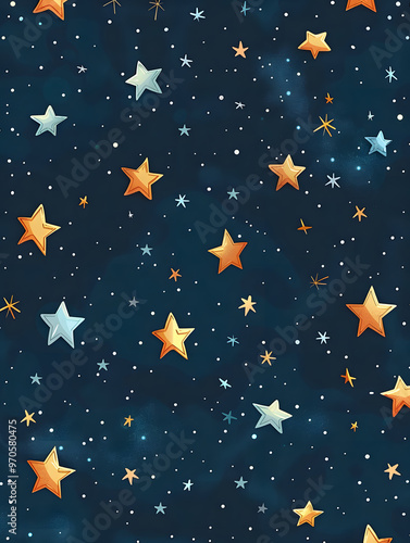 Visualize a magnificent night sky filled with bright orange and blue stars against a deep blue backdrop, evoking a sense of amazement and fascination in the viewers mind