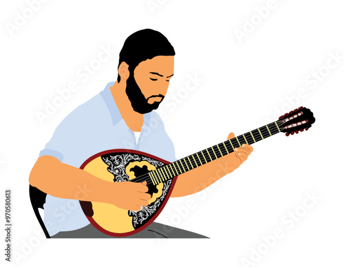 Bouzouki player vector illustration isolated. Street performer. Greek traditional string instrument. Folklore music. Greece folk event. Baglama, zurna. Turkish oriental performer. Musician man artist.