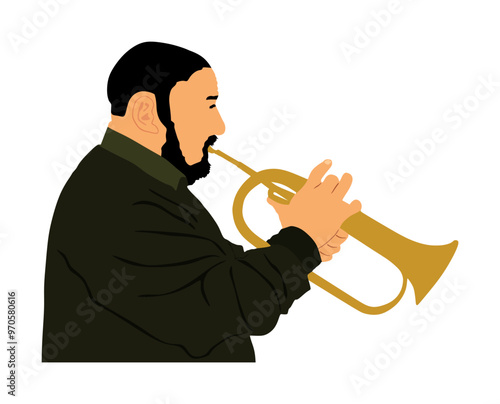 Musician man play trumpet on stage vector illustration isolated on white. Music male. Jazz man. Bugler artist street performer. Trumpeter artist. Traditional folklore blow instrument.