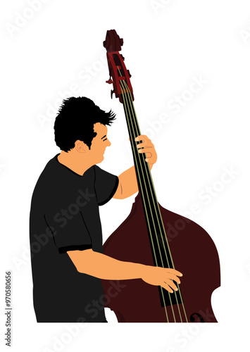 Man playing contrabass vector illustration isolated. Music man with contra bass standing on concert event stage. Double bass performer amusement entertainment. Classic musician with string instrument.