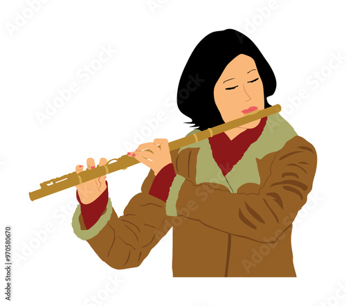 Woman flute music playing flutist vector illustration isolated on white background. Musician girl performer with musical instrument. Female street performer. Music lady portrait.  Flute player.