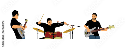 Rock and roll band vector illustration isolated. Musician play bass guitar and drums on stage. Super star music concert show. Event for fan supporters. Drummer and guitarists players. Singer artist.