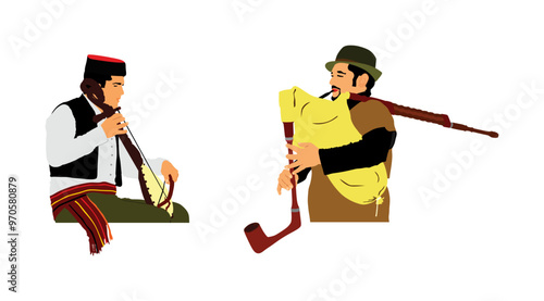 Boy guslar play gusle duet with bagpipe bagpiper man vector illustration isolated. Traditional music instrument Montenegro Serbia. Balkan singer musician player. Folklore artist event entertainment. 