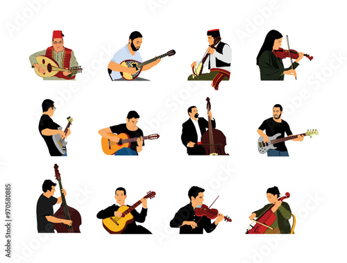 String instrumentalist band play string instrument vector illustration isolated. Folklore concert. Music orchestra collection. Musician entertainment jazz event party. Music players group singer set.