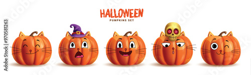 Halloween pumpkins orange vector set design. Pumpkins orange cat characters collection with cute, funny and naughty facial expression isolated white background. Vector illustration happy cat pumpkins 