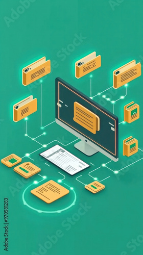 Wallpaper Mural A computer monitor displays a complex network of files and folders. Concept of a digital library or a computer system with many interconnected components. Scene is somewhat technical and organized Torontodigital.ca