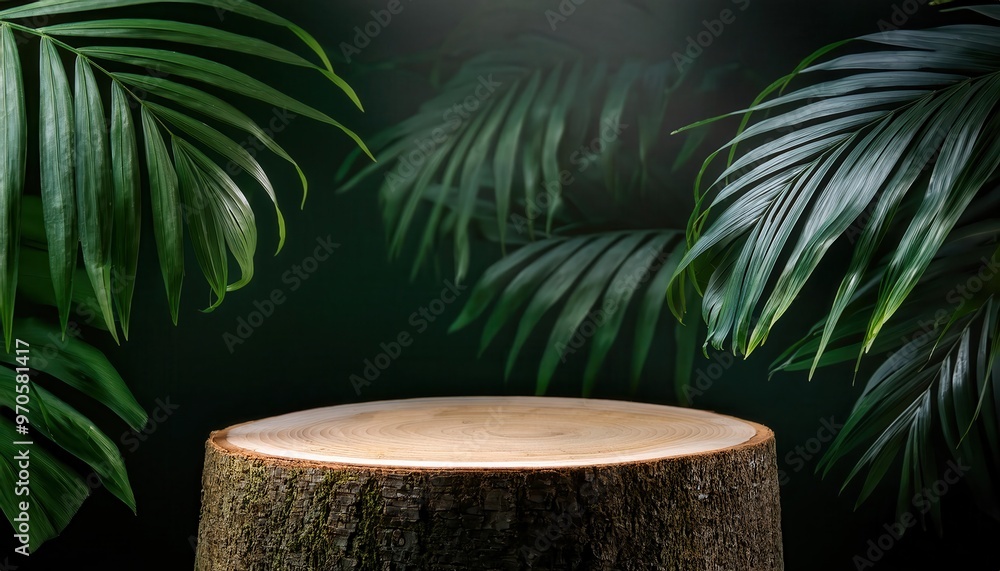Wooden Tree Stump Display Surrounded by Lush Tropical Green Monstera Leaves in a Jungle Setting with Dark Green Foliage Background. Natural and Eco-Friendly Product Showcase Concept Wooden Tree Stump Display Surrounded by Lush Tropical Green Monstera Leaves in a Jungle Setting with Dark Green Foliage Background. Natural and Eco-Friendly Product Showcase Concept