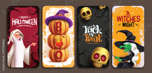 Halloween invitation card vector poster design. Halloween trick or treat greeting card with scary wizard, creepy witch, pumpkins jack o and skull elements collection. Vector illustration horror gift 