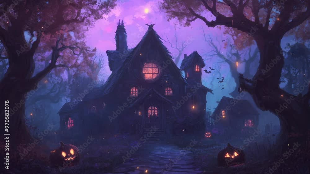 Spooky Halloween scene with ghostly shadows and haunted structures. Fairytale-inspired colors and fantasy atmosphere. Spooky Halloween scene with ghostly shadows and haunted structures. Fairytale-inspired colors and fantasy atmosphere.