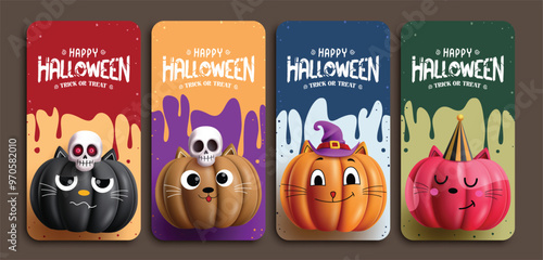 Halloween greeting card pumpkins vector poster design. Pumpkins cat characters in colorful abstract background collection for halloween card template. Vector illustration trick or treat postcard 