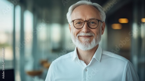 Smiling elderly man with glasses in office, professional setting, concept of success, wisdom, and experience in the workplace.