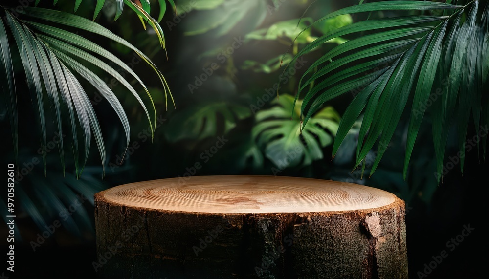 Wooden Tree Stump Display Surrounded by Lush Tropical Green Monstera Leaves in a Jungle Setting with Dark Green Foliage Background. Natural and Eco-Friendly Product Showcase Concept Wooden Tree Stump Display Surrounded by Lush Tropical Green Monstera Leaves in a Jungle Setting with Dark Green Foliage Background. Natural and Eco-Friendly Product Showcase Concept