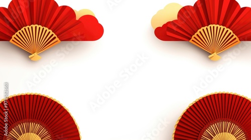 Chinese Red Folding Fans on White Background