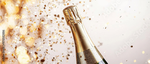 A champagne bottle with a straw and a gold glitter ribbon on a white background