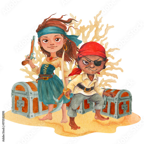 Children pirates protect treasure chests. Isolated watercolor composition of teen corsairs in background of old chests for decoration of children parties, souvenirs and print design in pirate style photo