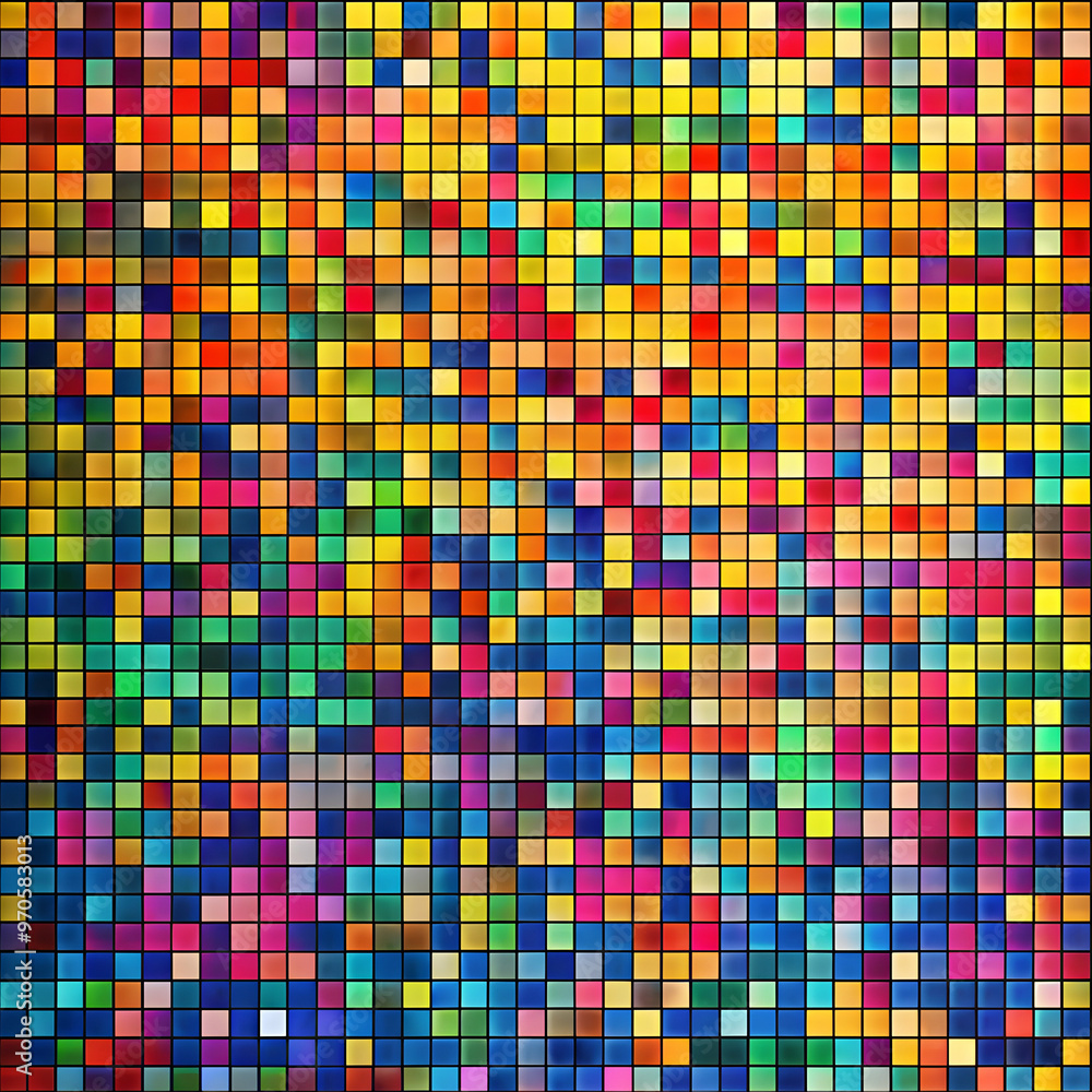 Colorful Pixel Mosaic: A vibrant abstract background with a captivating mosaic of colorful squares in a pixelated pattern. The warm tones and intricate details create a sense of energy and depth. Perf Colorful Pixel Mosaic: A vibrant abstract background with a captivating mosaic of colorful squares in a pixelated pattern. The warm tones and intricate details create a sense of energy and depth. Perf