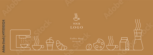 Hand drawn illustration of Bakery and Coffee. Icons. Abstract geometric line background. Gold luxury. Pattern for cover design, food package, menu, background, café wall, coffee shop, web banner